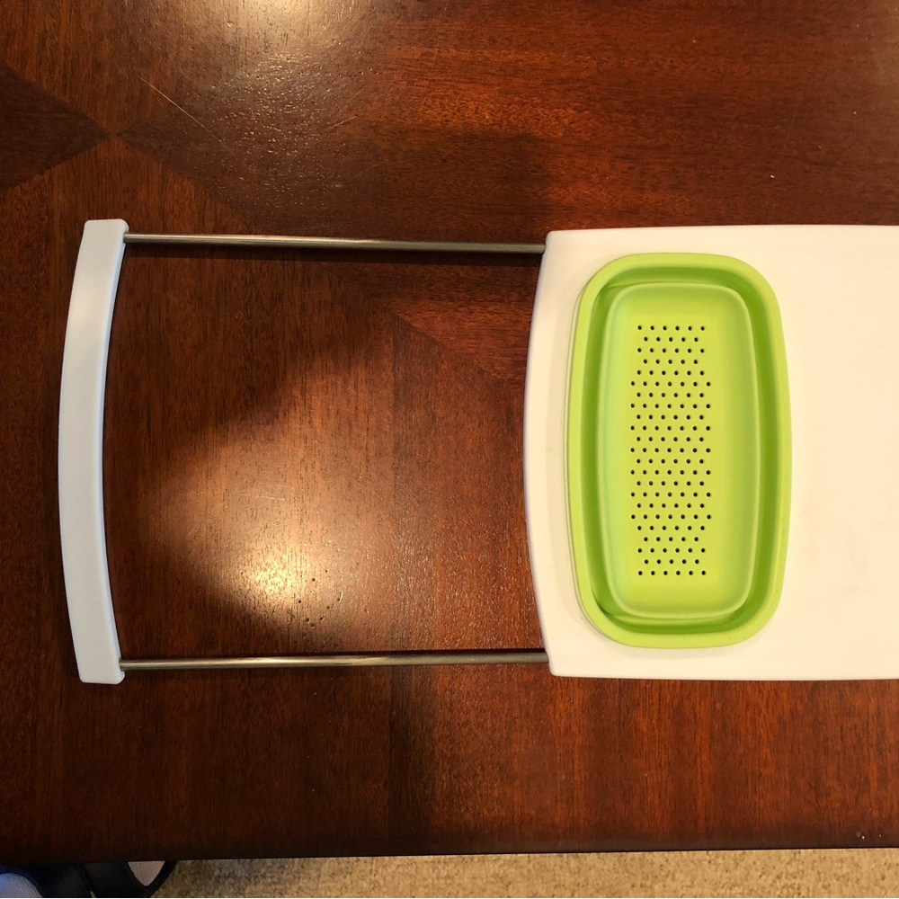 Cutting Board White and Green with Collapsible Colander Adjustable for over sink